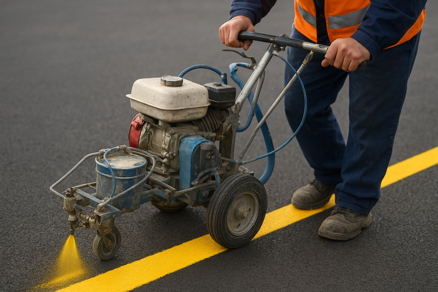 Technician operating professional line striping equipment on a parking lot
