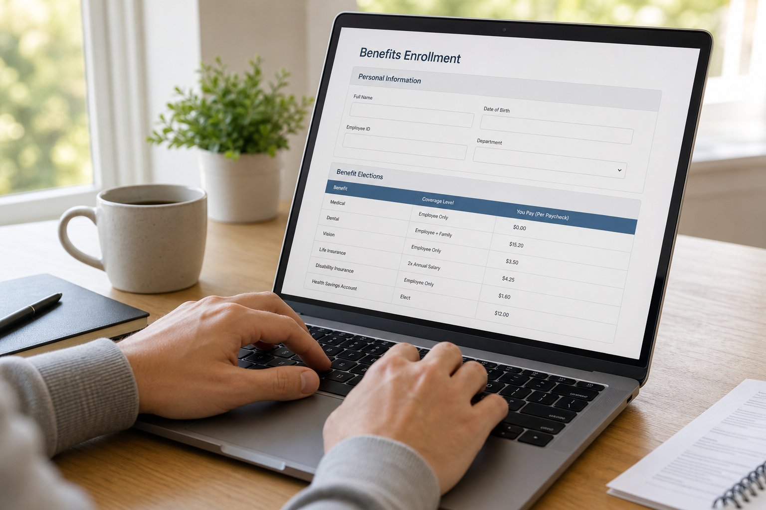 Employee completing a benefits enrollment form on a laptop