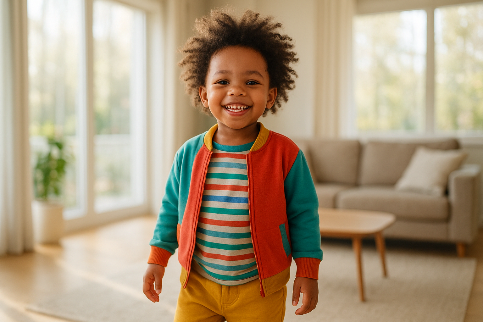 Happy toddler wearing stylish outfit from a children's clothing subscription membership service