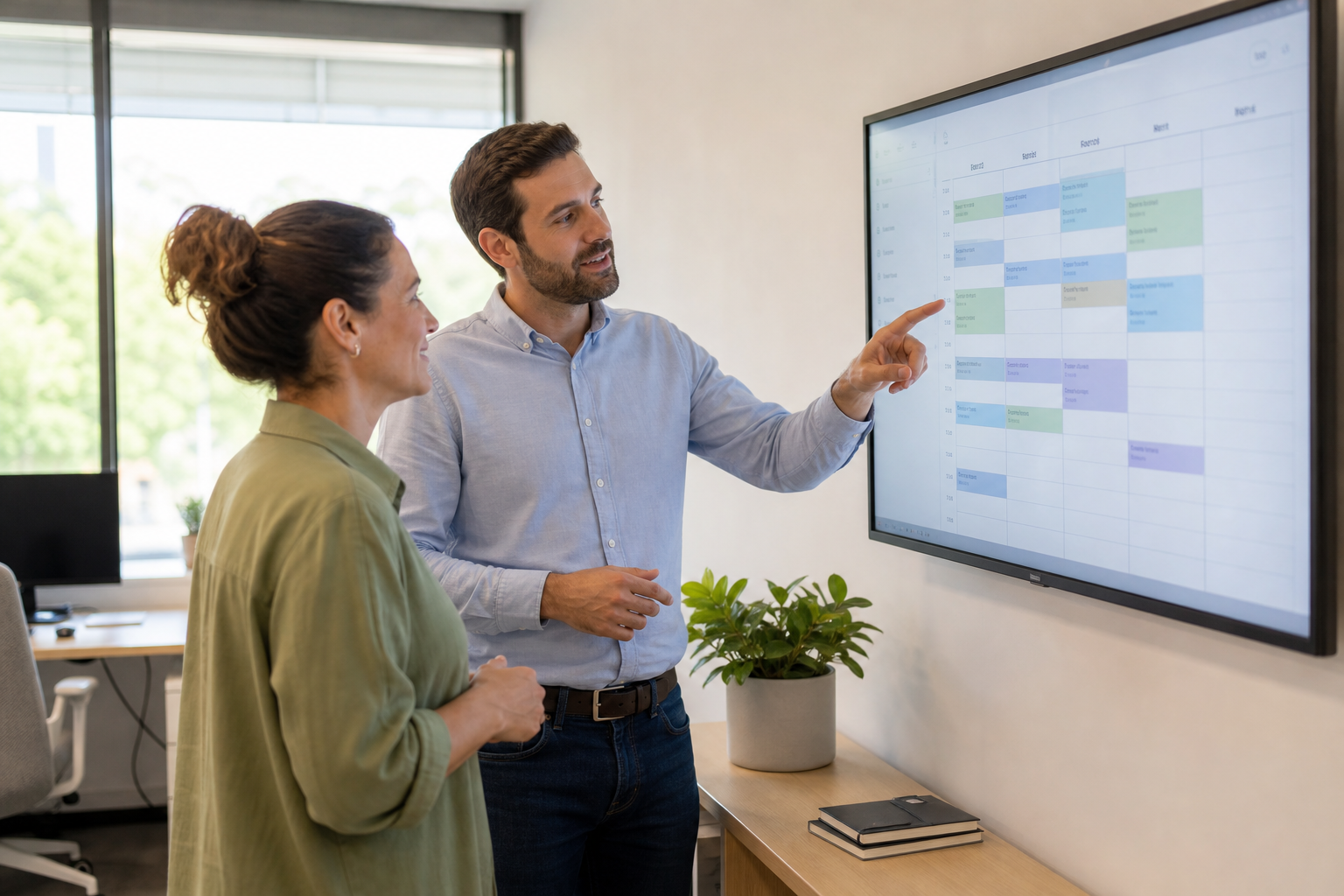 Office and sales team reviewing a job board screen during a lead tracking handoff meeting