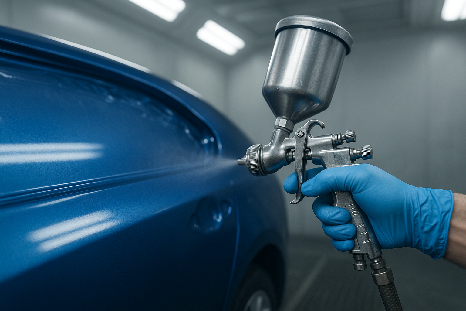 Automotive paint being applied to a car door panel inside a professional body shop spray booth