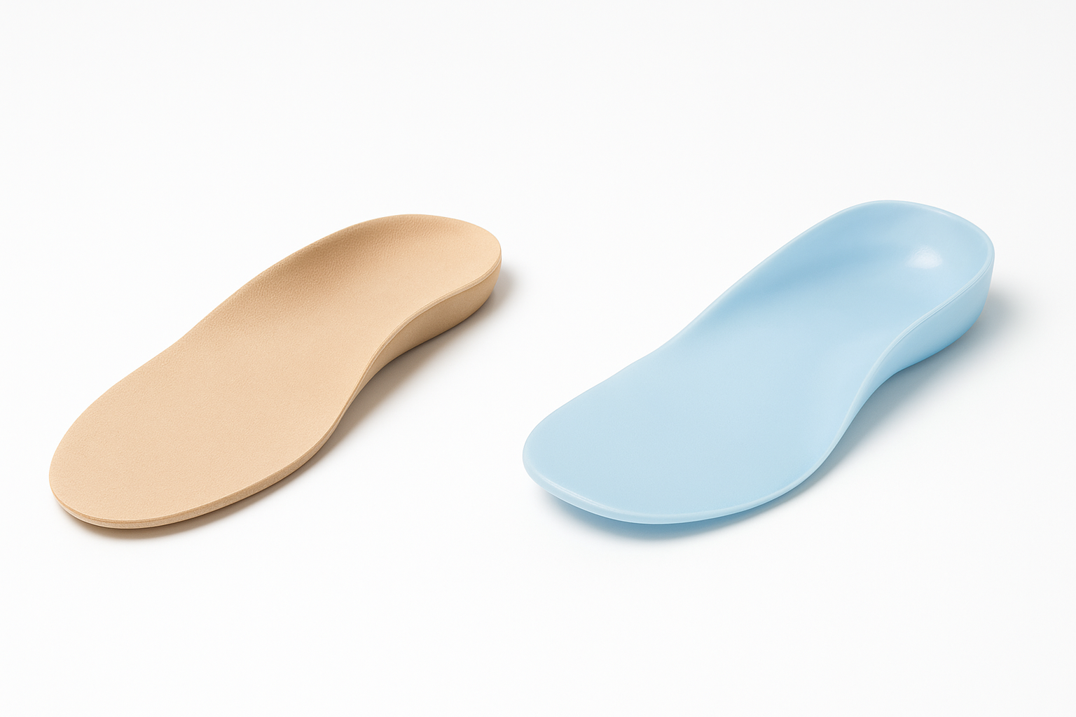 Comparison of a prefabricated insole versus a custom orthotic device showing the difference in shape and support
