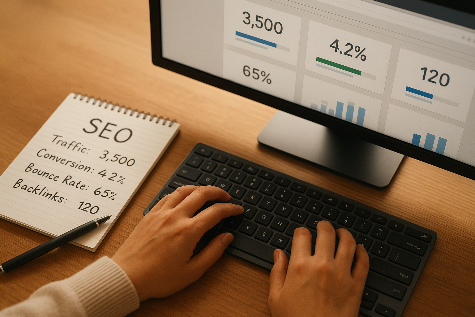 SEO professional using a free domain authority checker tool at a desk with keyword notes