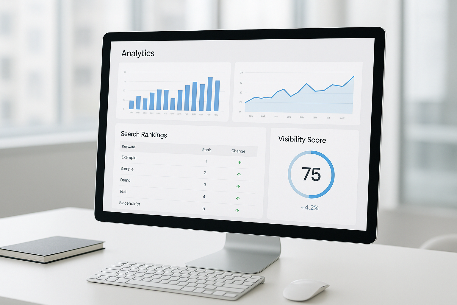 Marketing dashboard displaying analytics used for online brand visibility optimization tracking