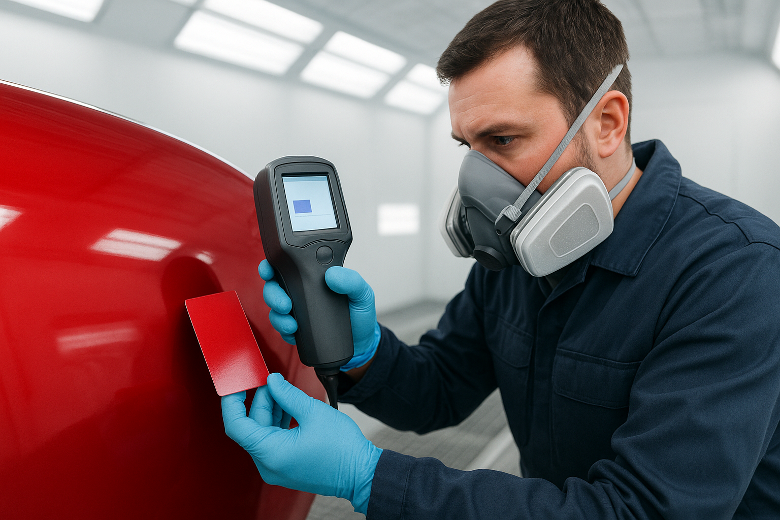 Auto body technician using computerized paint matching equipment for precise color restoration