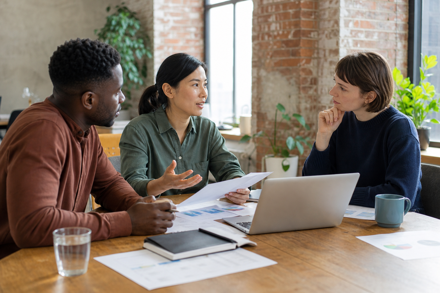 Small accounting team discussing business tax strategy in a renovated Minneapolis office