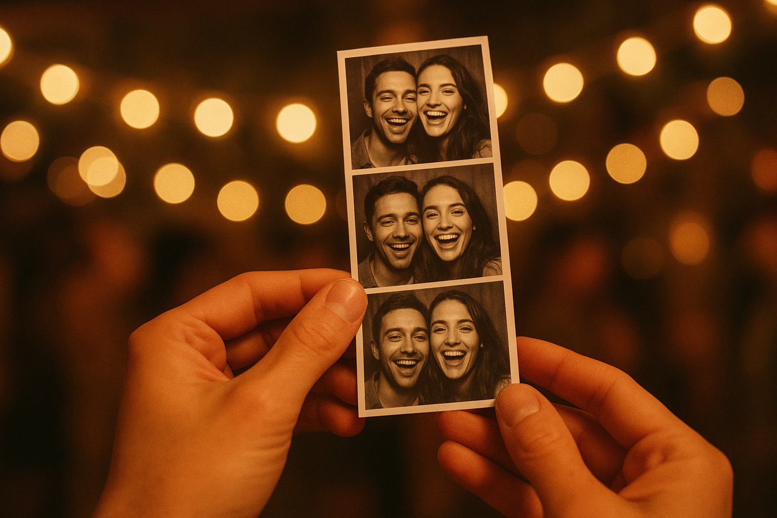 Guests holding printed photo strips from an on-site photo booth print package