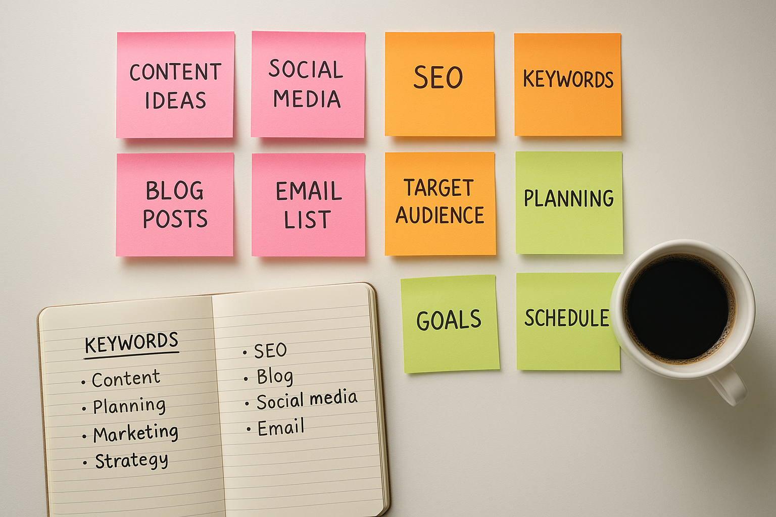 Content planning workspace with color-coded sticky notes representing keyword clusters for an SEO content strategy