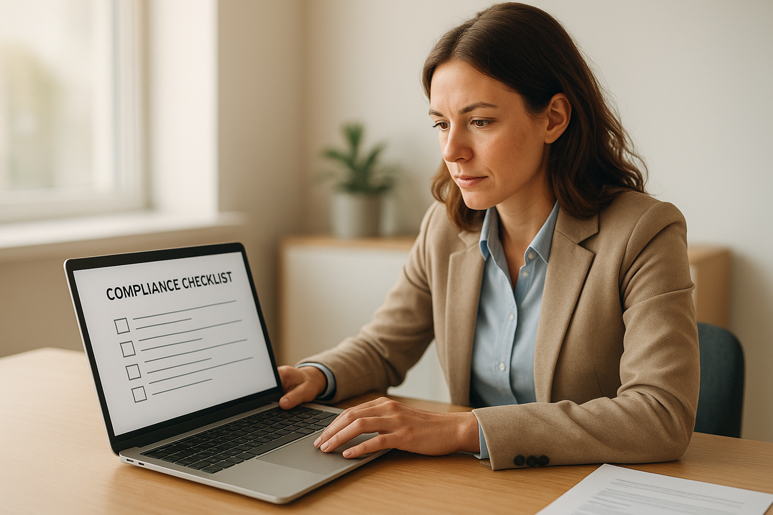 HR professional using compliance monitoring services checklist on a laptop