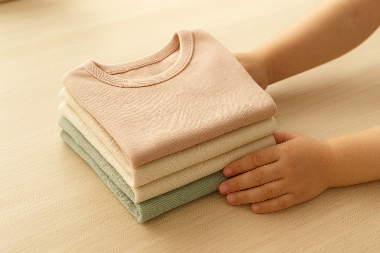 Stack of soft organic cotton children's t-shirts representing sustainable kids clothing choices