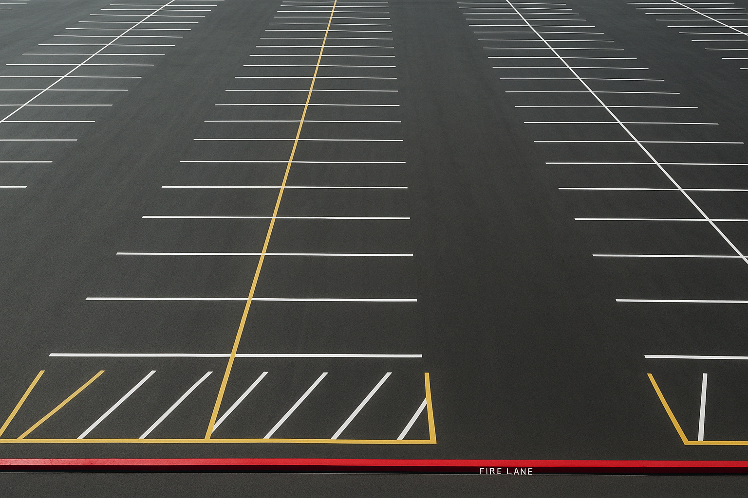 Aerial view of a commercial parking lot after fresh line striping and fire lane marking