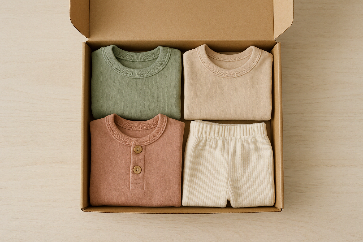 Open subscription box containing a curated children's clothing bundle ready for delivery