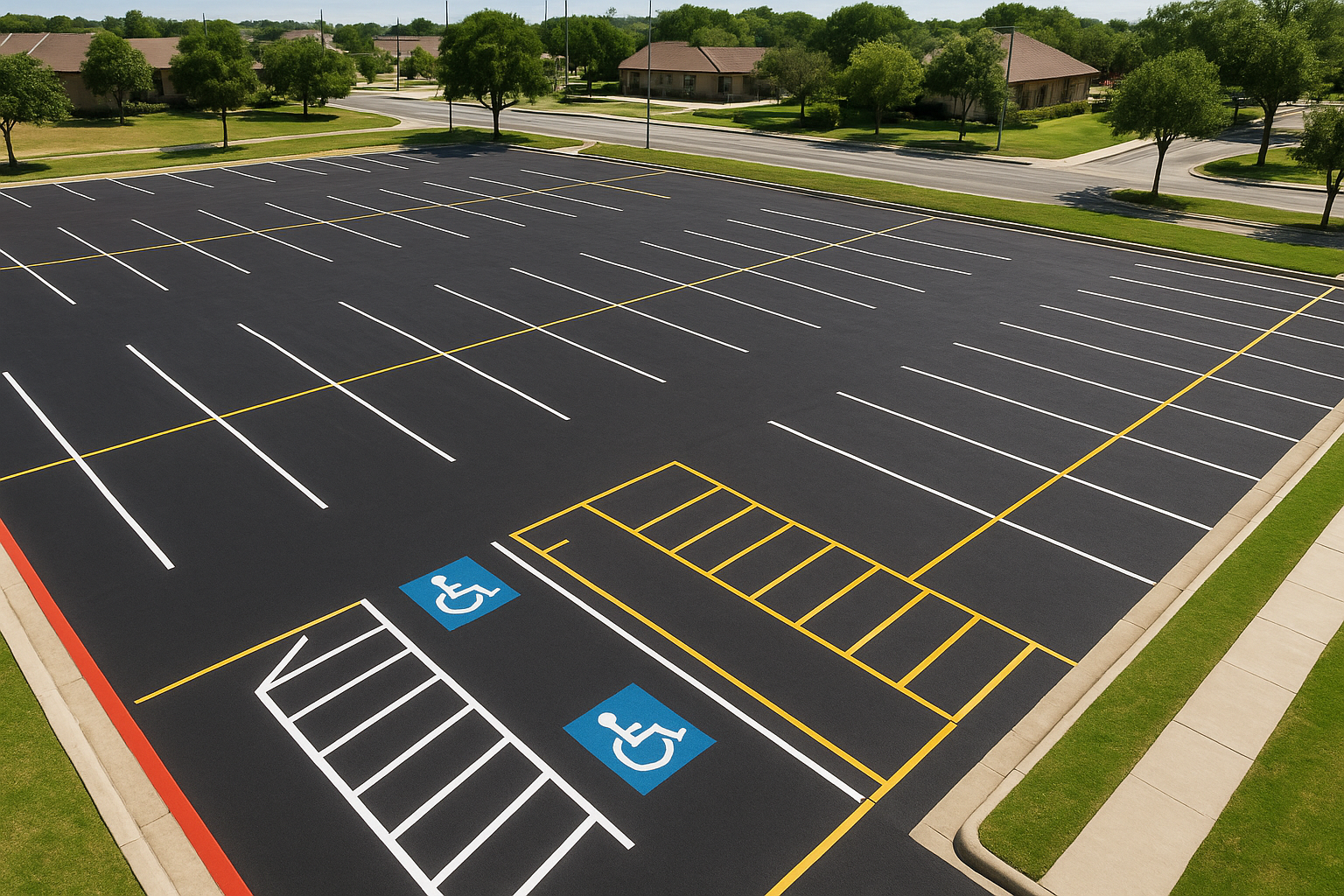 Freshly striped commercial parking lot with ADA markings and fire lanes representing Denton TX parking services