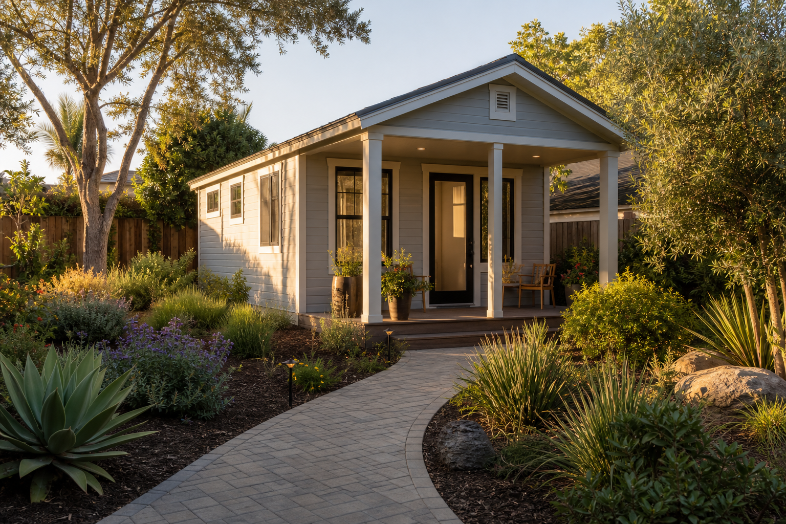 Finished detached ADU in an Orange County backyard with modern exterior siding
