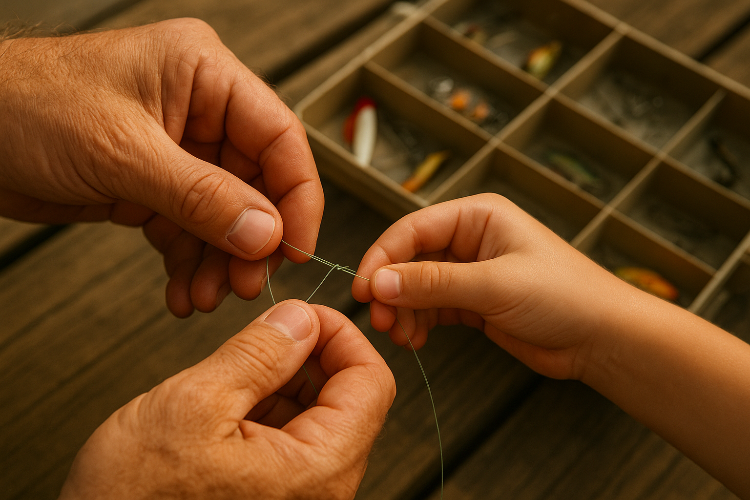 Captain guiding a child through tying a fishing knot during a boat lesson