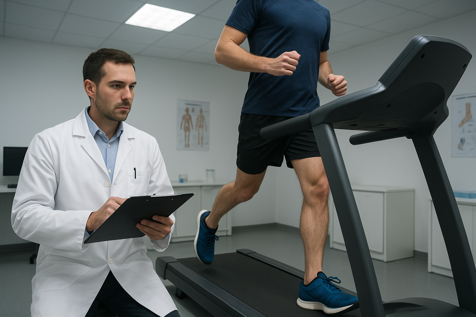 Sports medicine specialist analyzing an athlete's gait to fit custom sports orthotics