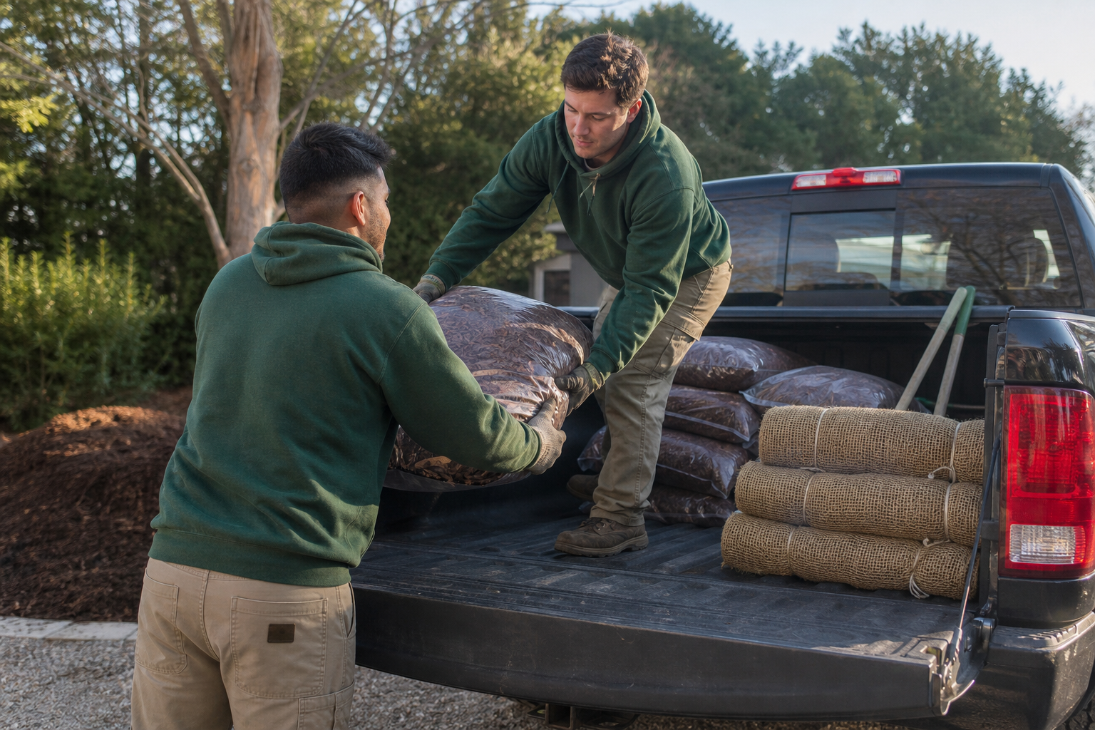 Landscaping crew loading mulch and material supplies onto a truck before a job