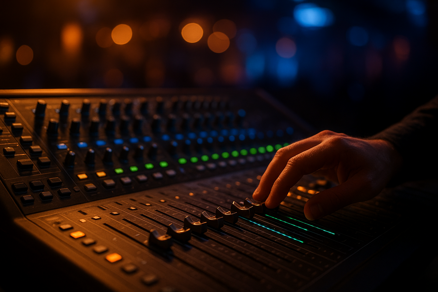 Sound engineer operating an audio mixing console during a corporate event AV production