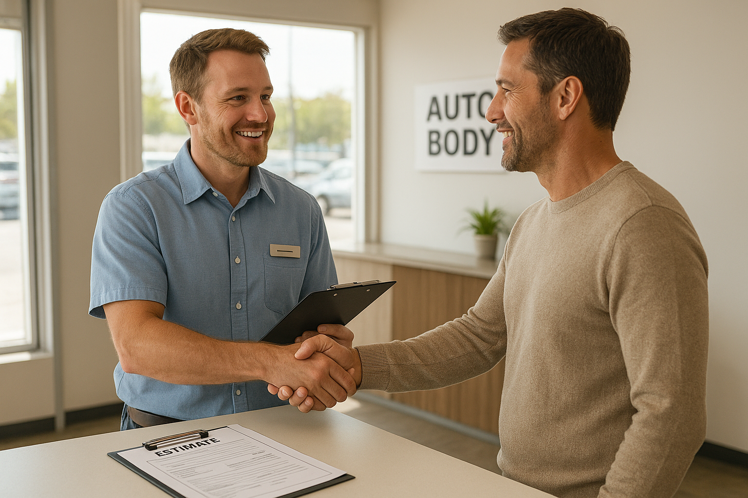 Service advisor greeting a customer at an Orange County auto body shop reception desk