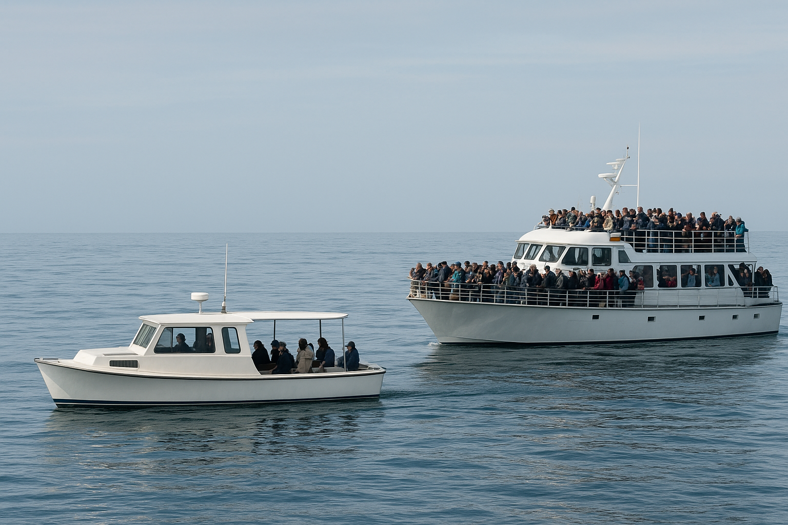 Small private charter boat compared to a large crowded whale watching tour boat in San Diego