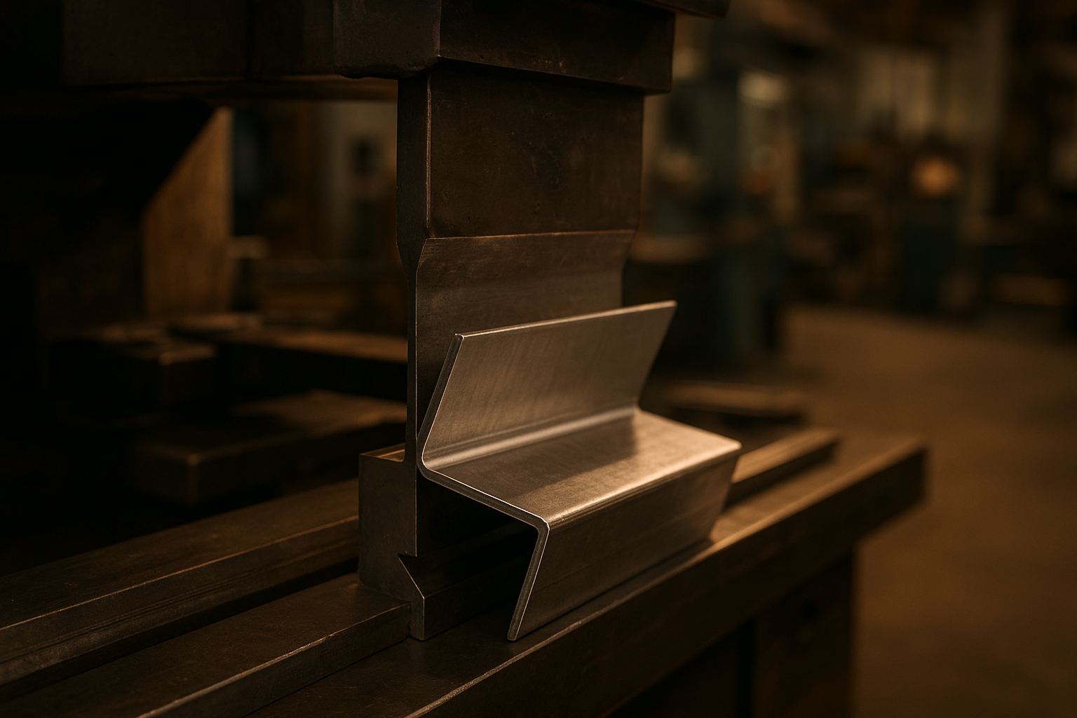 Press brake forming a custom stainless steel bracket in a fabrication shop