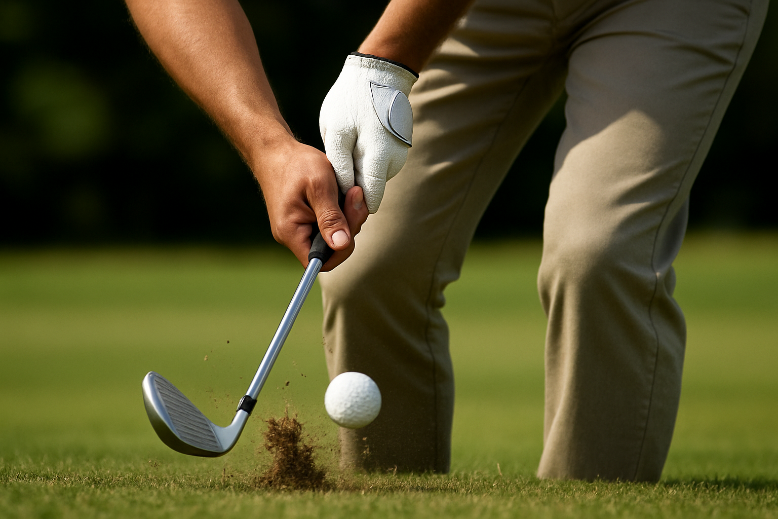 Golfer demonstrating techniques for better golf impact at the moment of ball contact