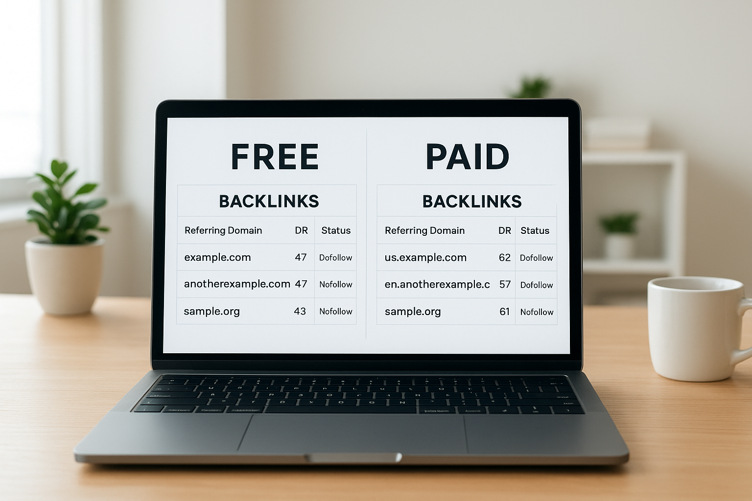 Comparison of free and paid backlink checker tools displayed on a laptop screen