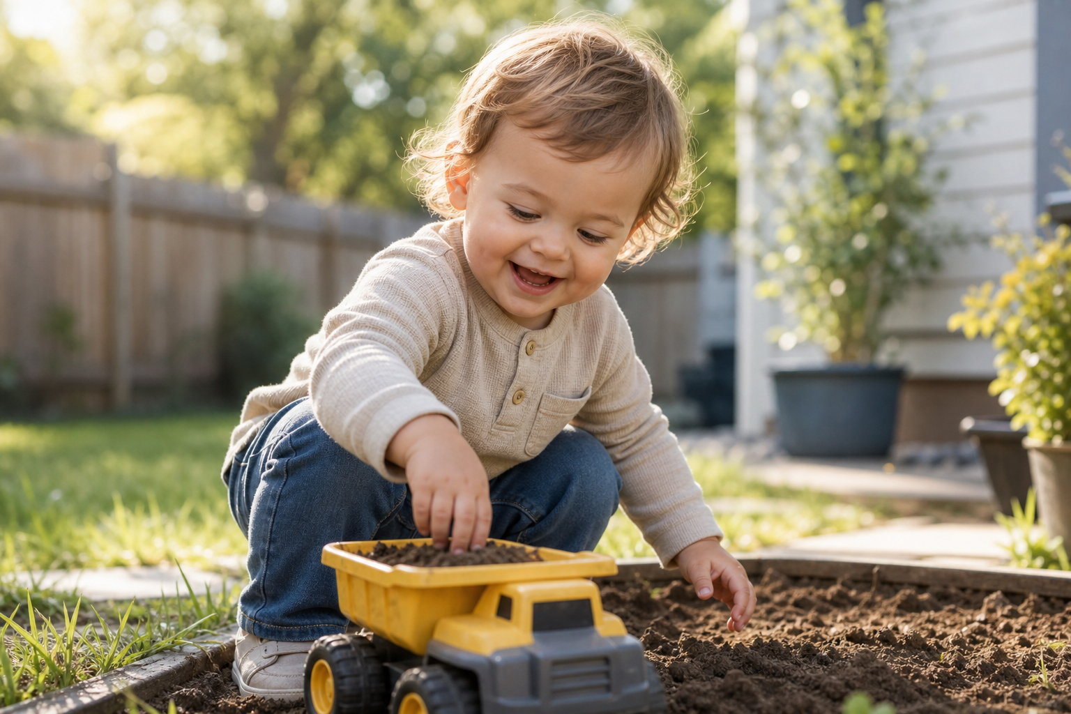 Toddler playing outside in kids rental clothes for everyday wear