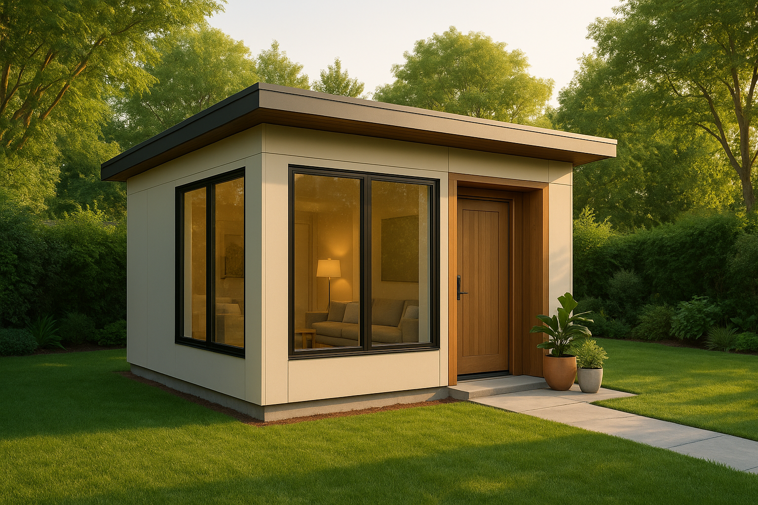 Modern detached accessory dwelling unit ADU in a residential backyard with large windows and landscaping