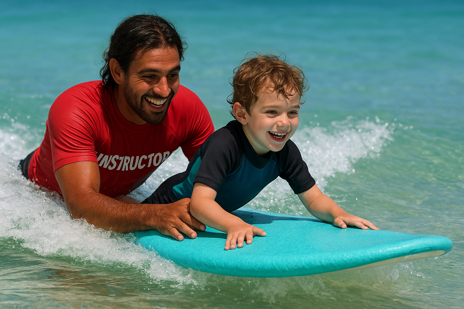 surf instructor helping a young child stand up on a foam board during a Hawaii surf lesson