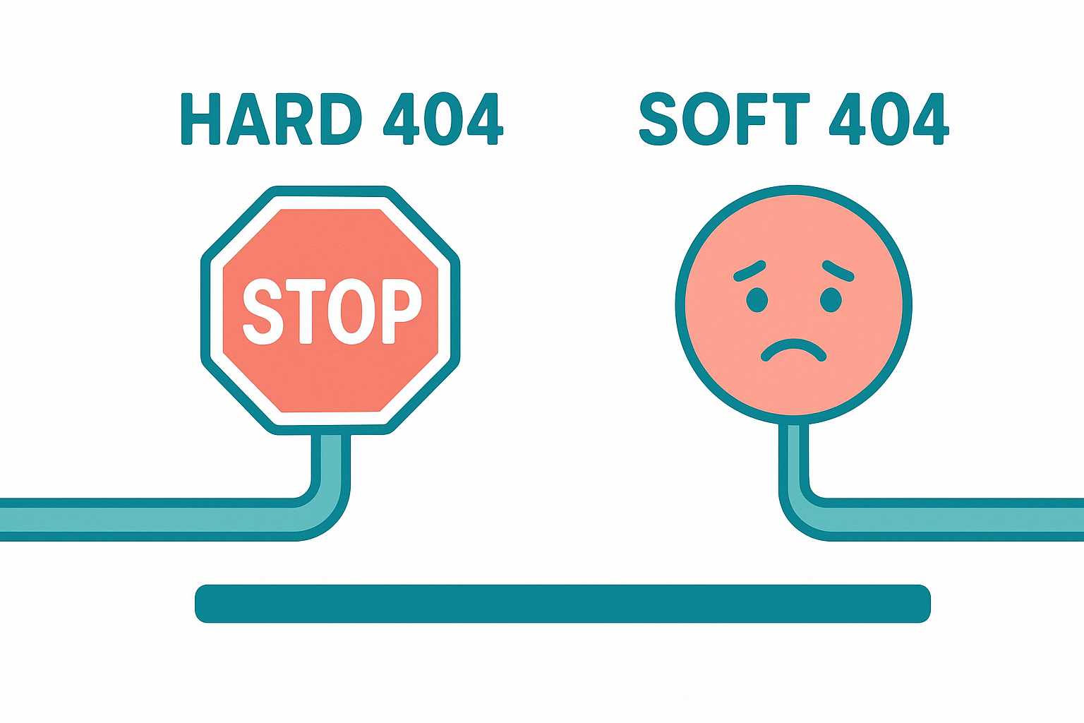 Illustration comparing hard 404 and soft 404 error responses for SEO