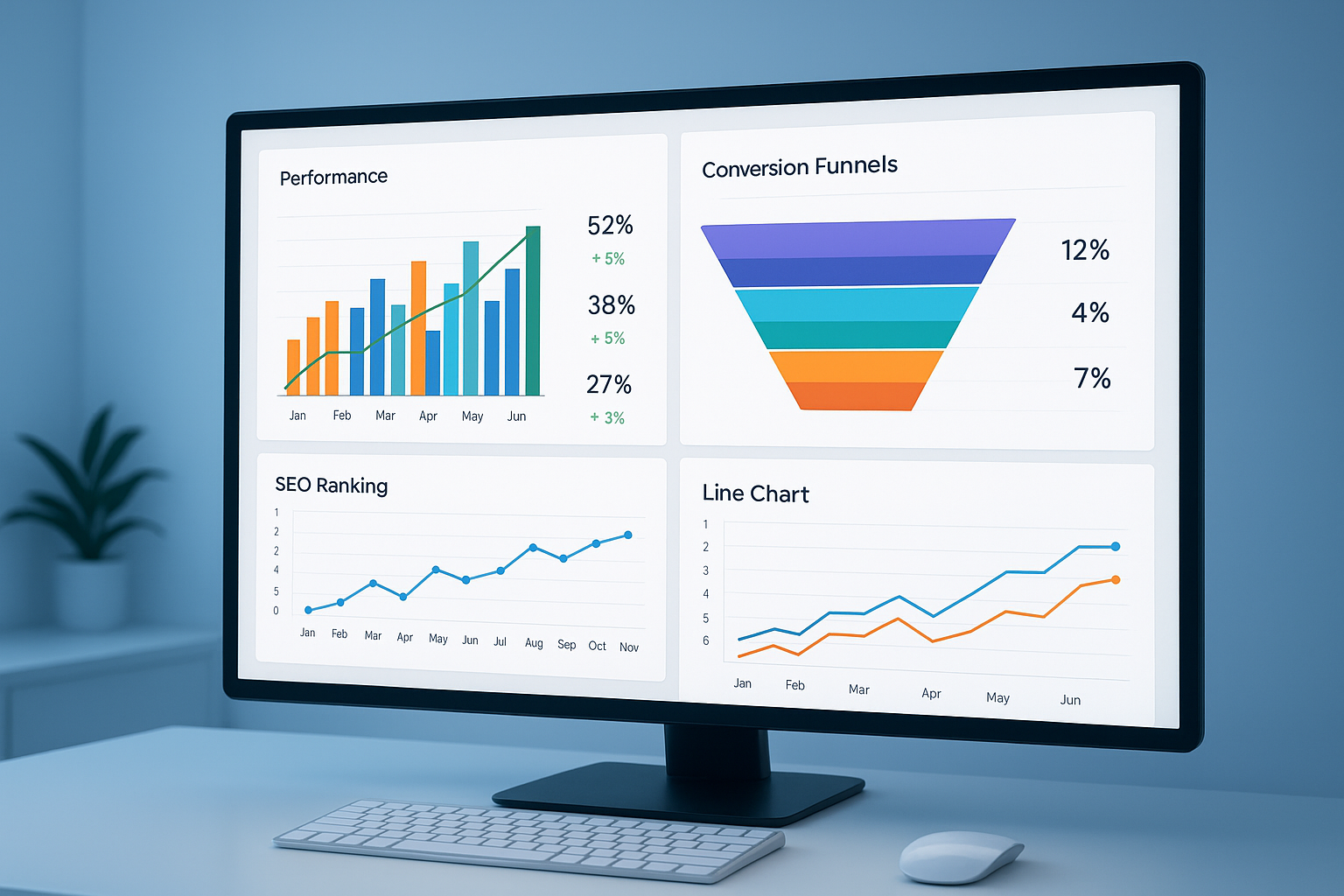 Digital optimization platform dashboard showing SEO and conversion performance metrics