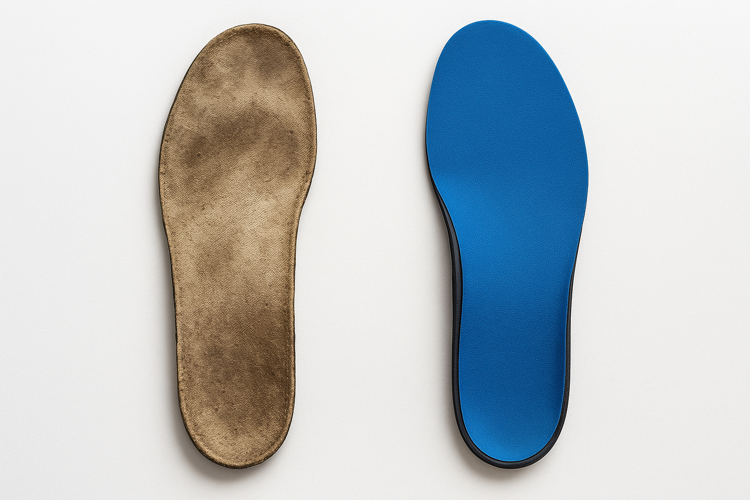 Comparison of a generic insole and a custom orthotic showing the quality difference in foot support