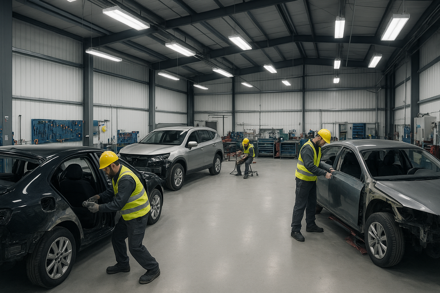 Professional auto body repair shop interior with technicians working on vehicle panels under bright shop lighting