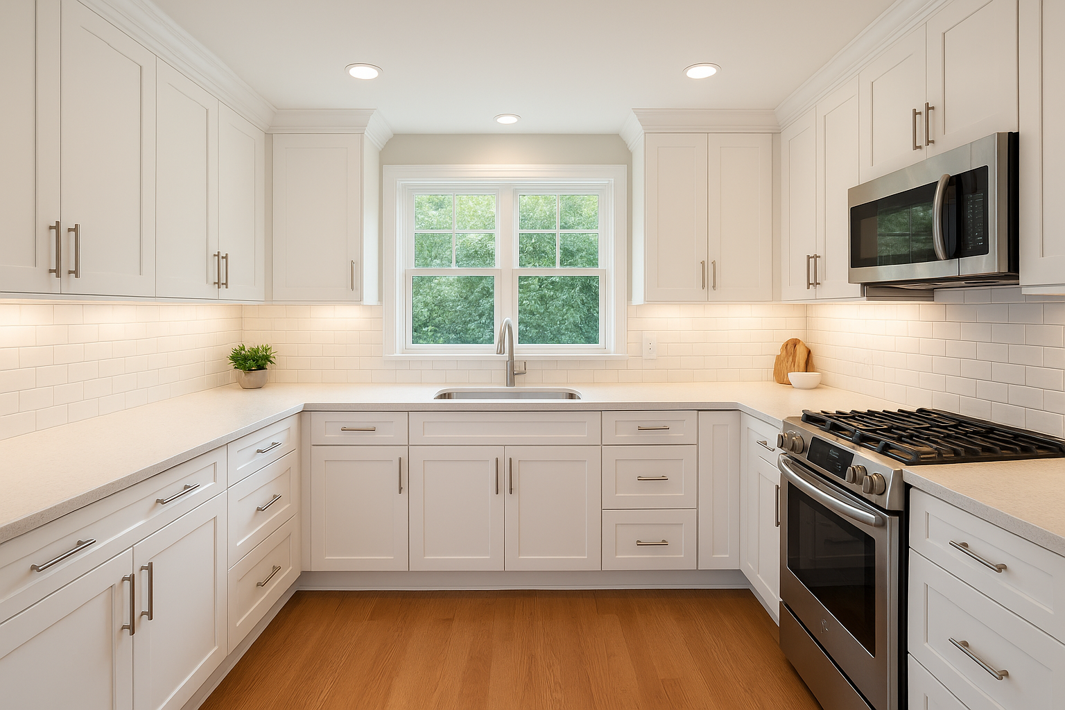 Finished kitchen transformation by skilled cabinet refacing professionals showing new doors, hardware, and veneer
