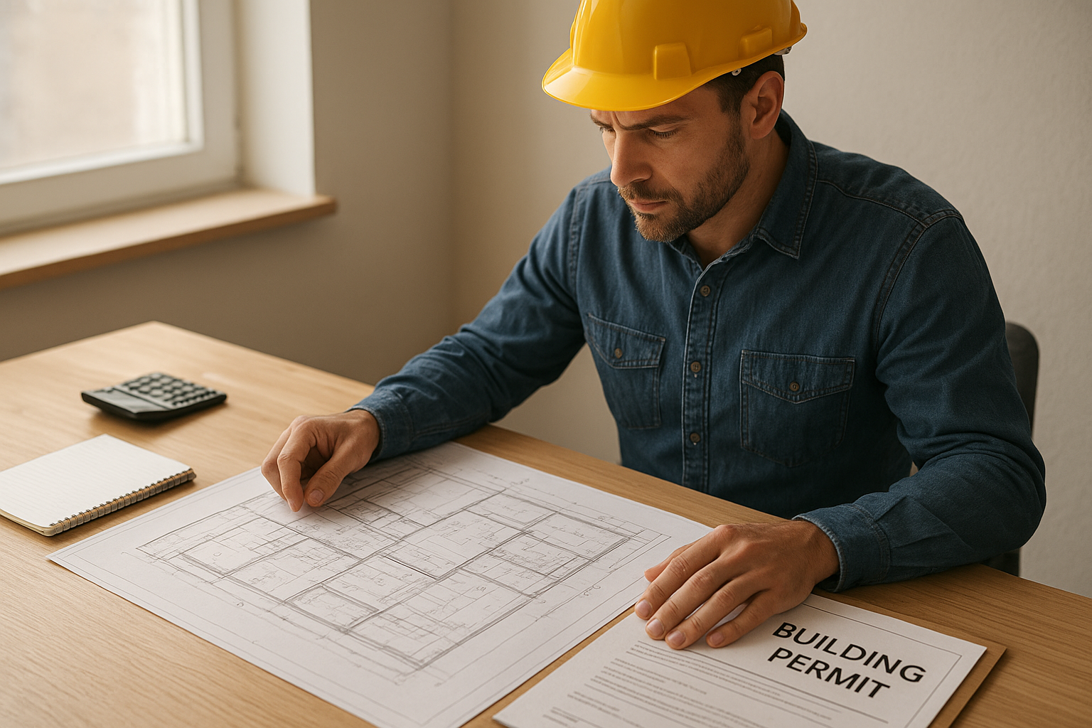 Contractor reviewing home addition blueprints and permit documents for a Southern California project