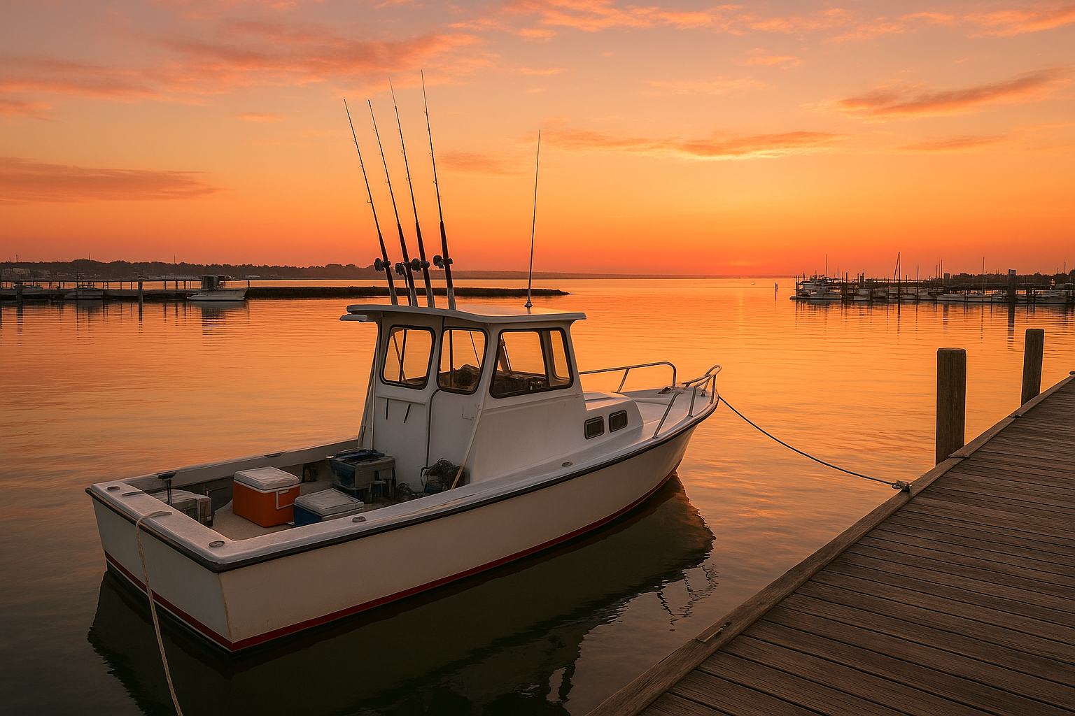Myrtle Beach fishing charter boat docked at sunrise ready for a beginner trip