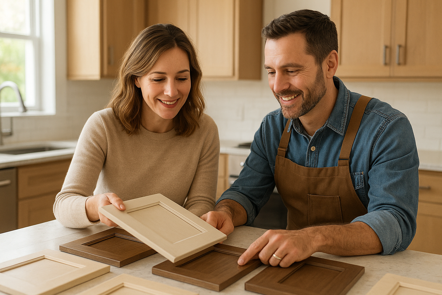 Homeowner consulting with a contractor about cabinet refacing door samples