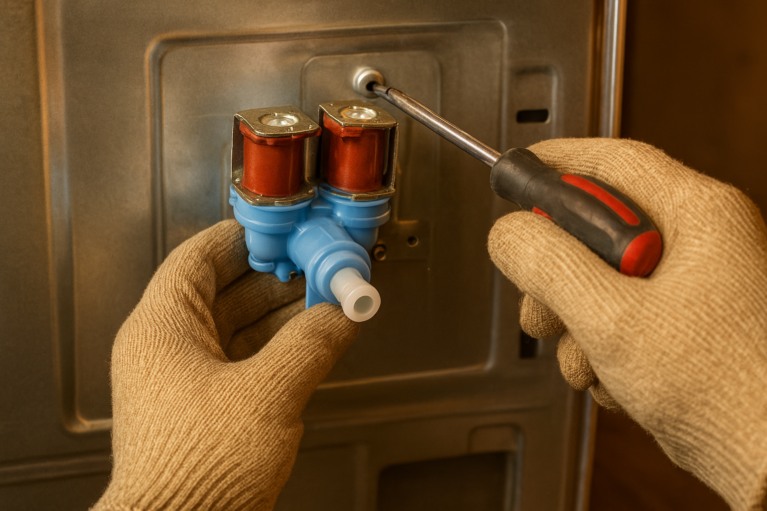 Technician hands installing a replacement water inlet valve inside a refrigerator