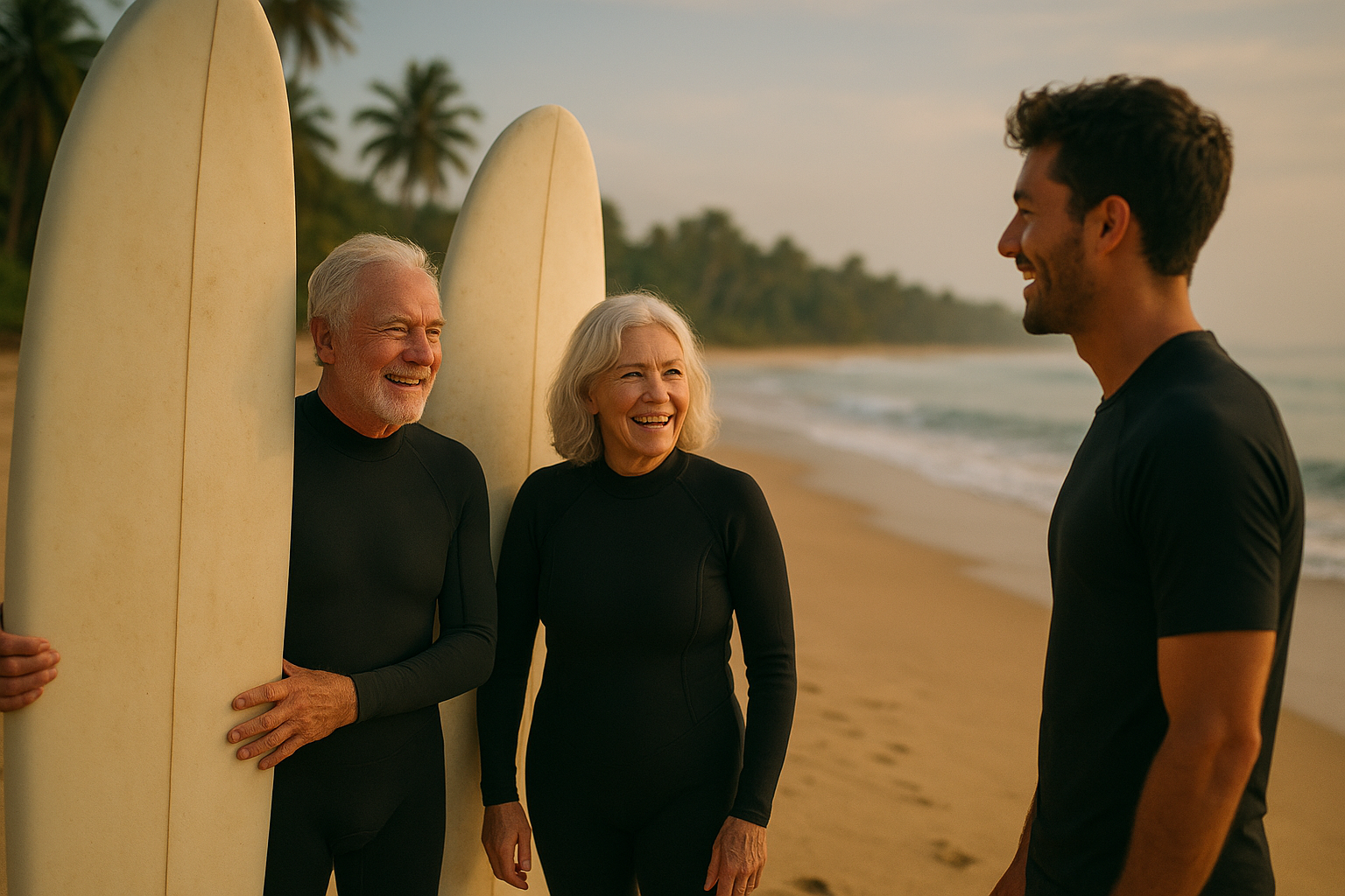 Active senior couple preparing for surf lessons on a Waikiki beach