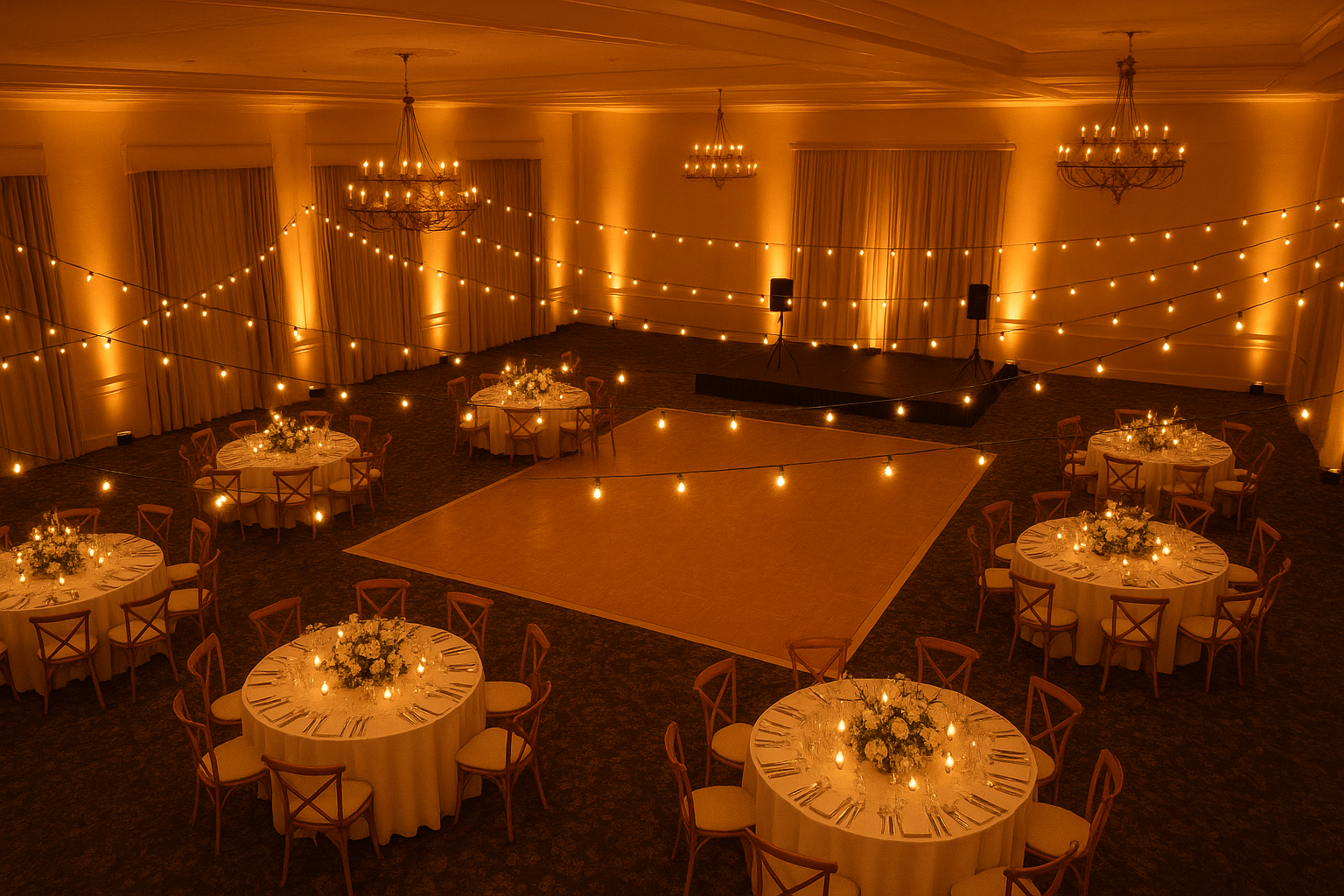 Event lighting and staging setup as part of AV rental services for a Tri-State wedding reception