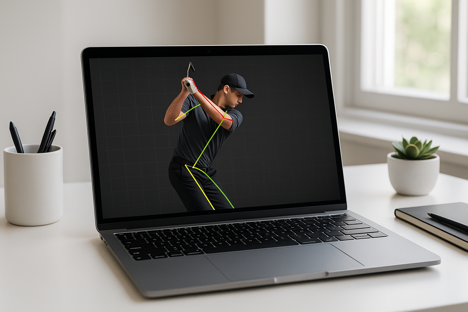 Biomechanical swing analysis software used in remote golf coaching sessions