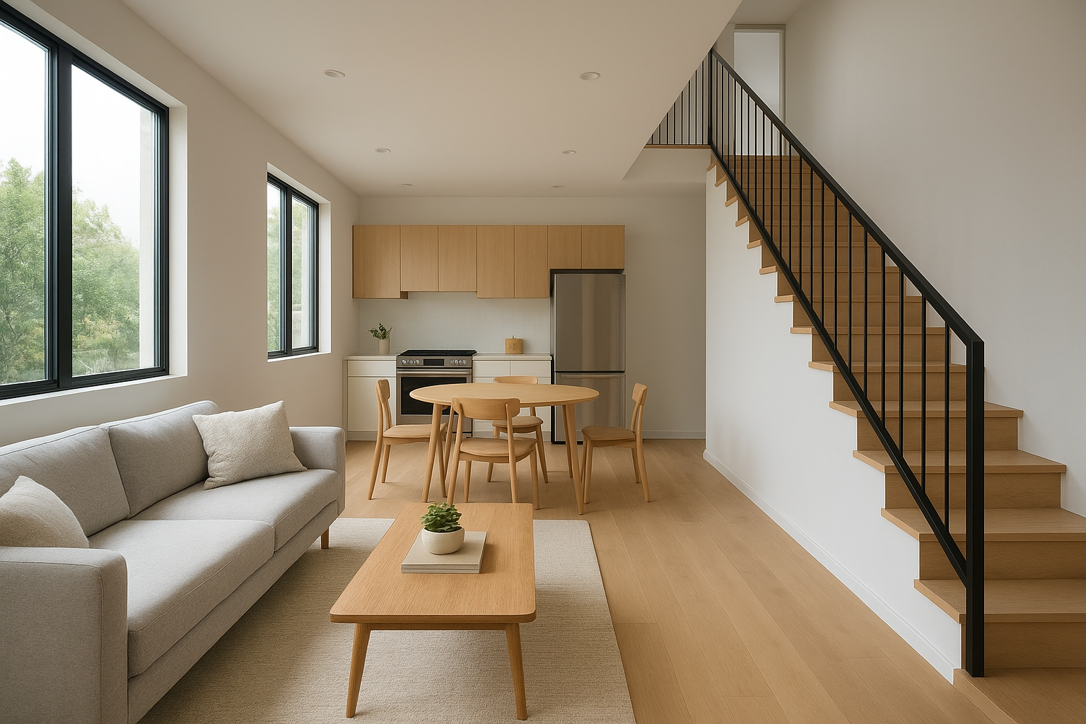Interior of a two-story ADU with open kitchen and living area on the ground floor and staircase to upper level