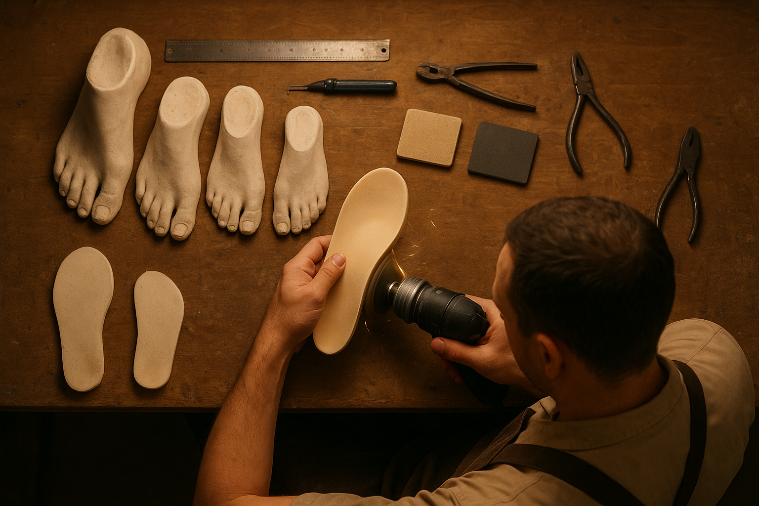 Lab technician shaping a high-performance custom orthotic shell during fabrication