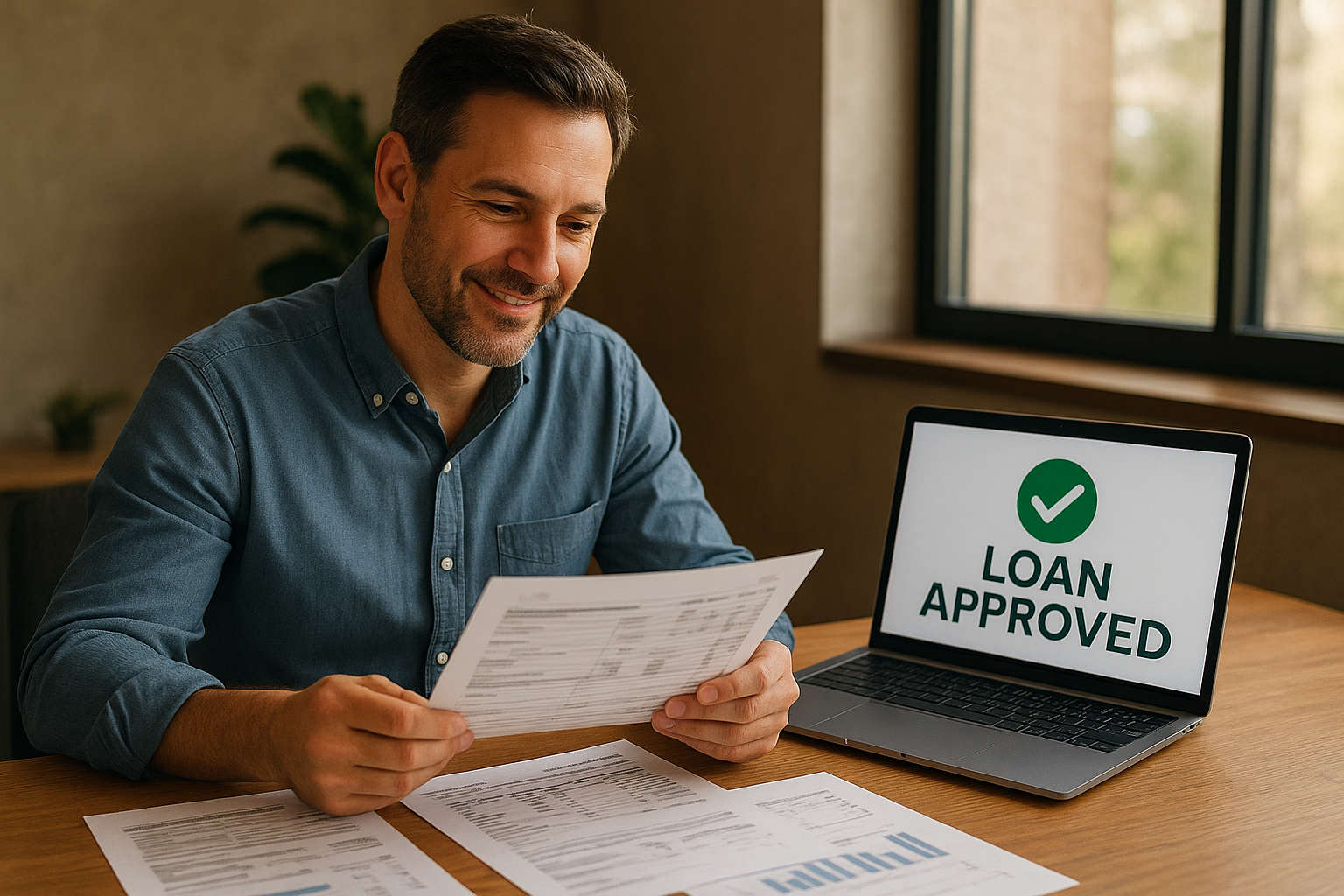 Business owner reviewing expansion loan documents and approval details at an office desk