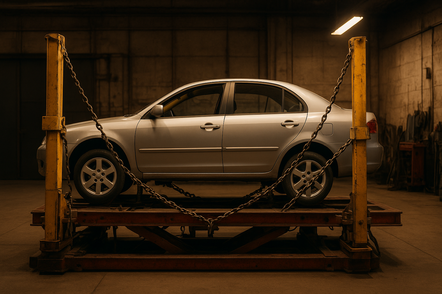 Hydraulic frame straightening rack pulling a vehicle chassis back into alignment