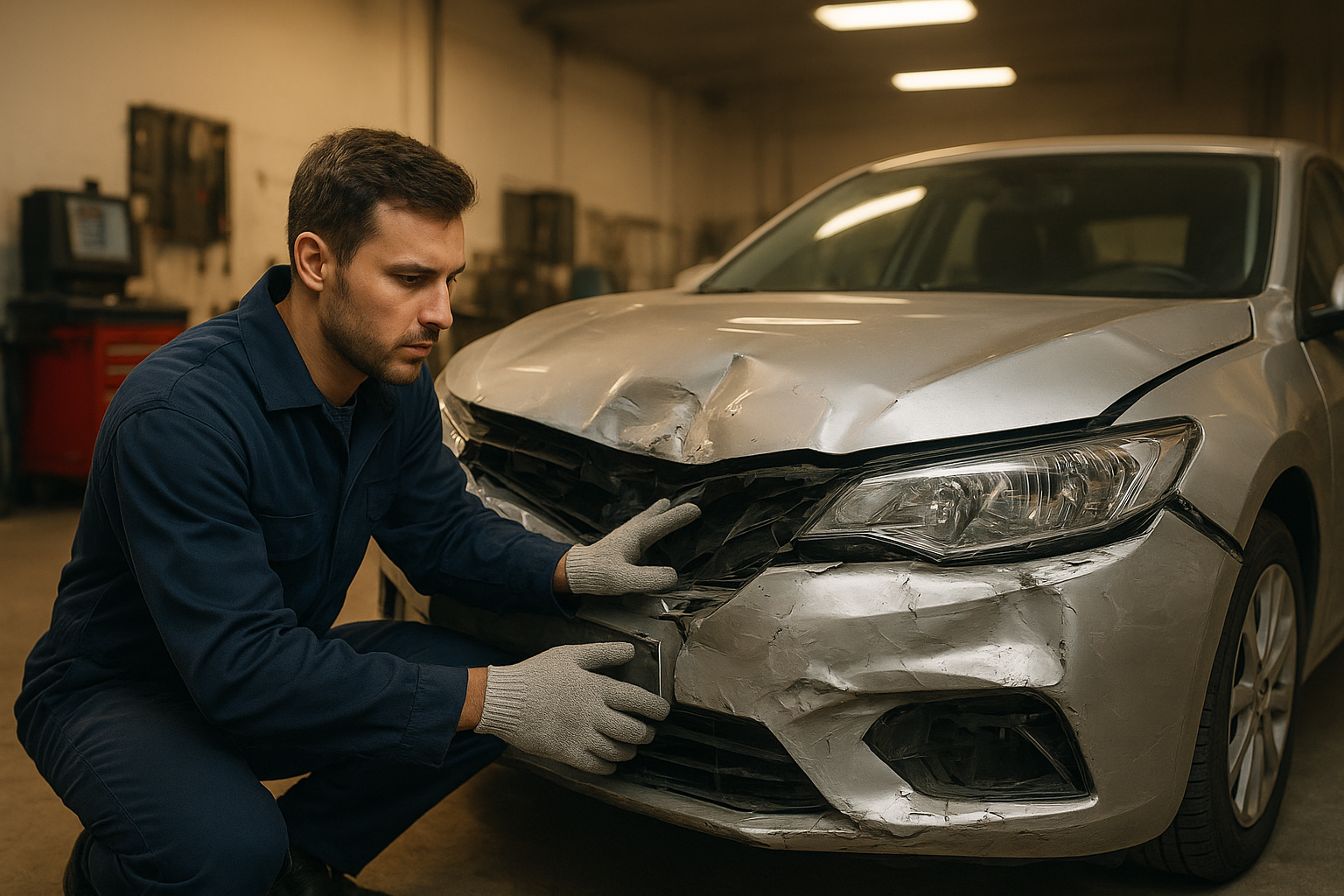 Auto body technician inspecting collision damage at a local collision shop near me now