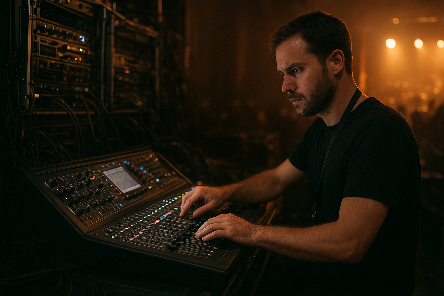 AV technician operating a professional mixing console for live event sound production