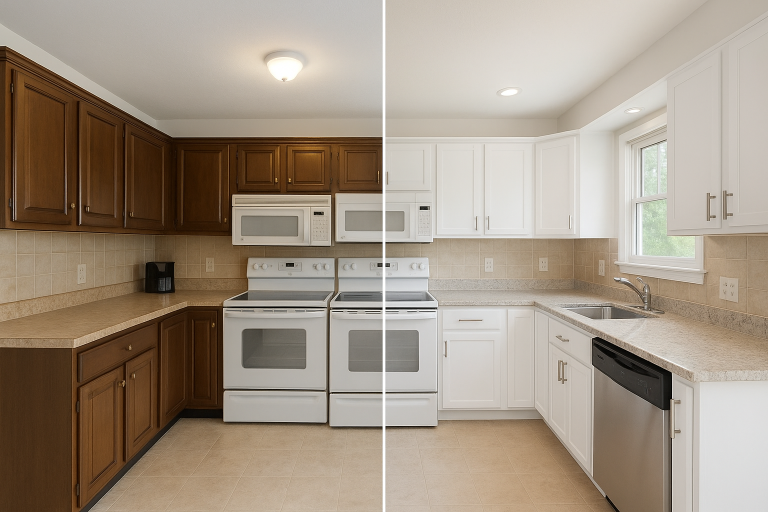 Before and after comparison of a kitchen transformed through cabinet refacing upgrades