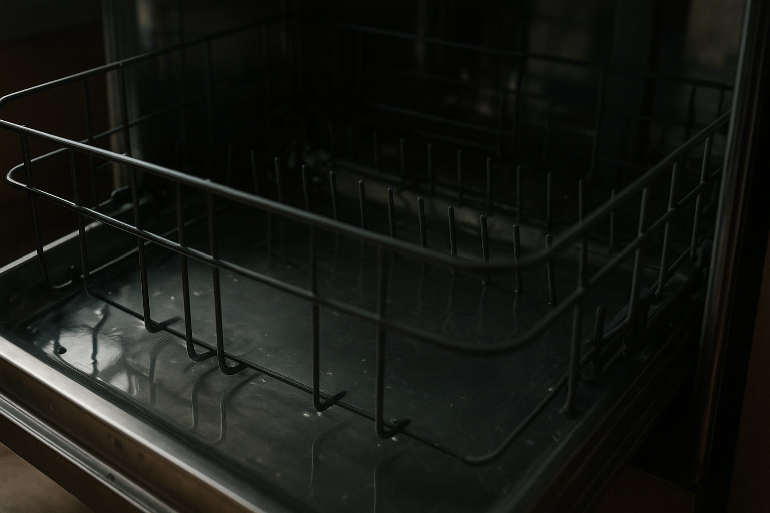 Standing water pooled at the bottom of a dishwasher showing a dishwasher not draining troubleshooting scenario